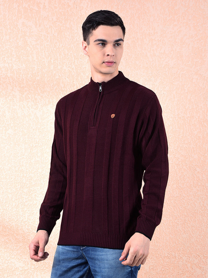 COBB MEHROON SELF-DESIGN ZIPPER SWEATER