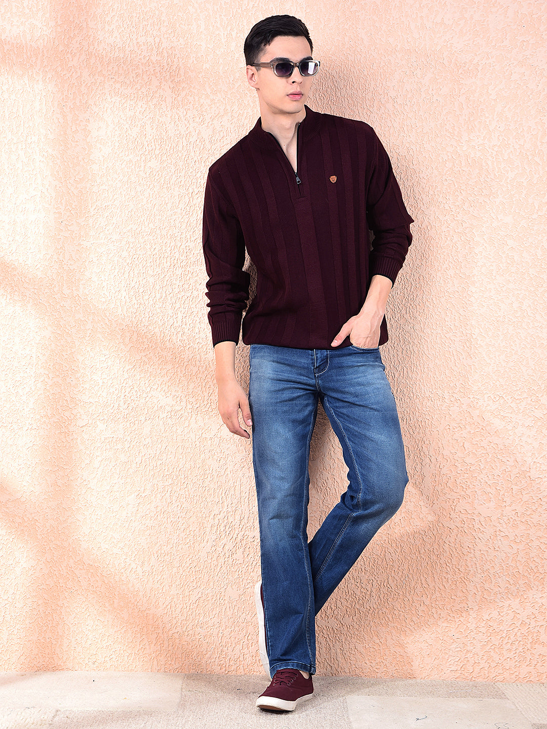 COBB MEHROON SELF-DESIGN ZIPPER SWEATER