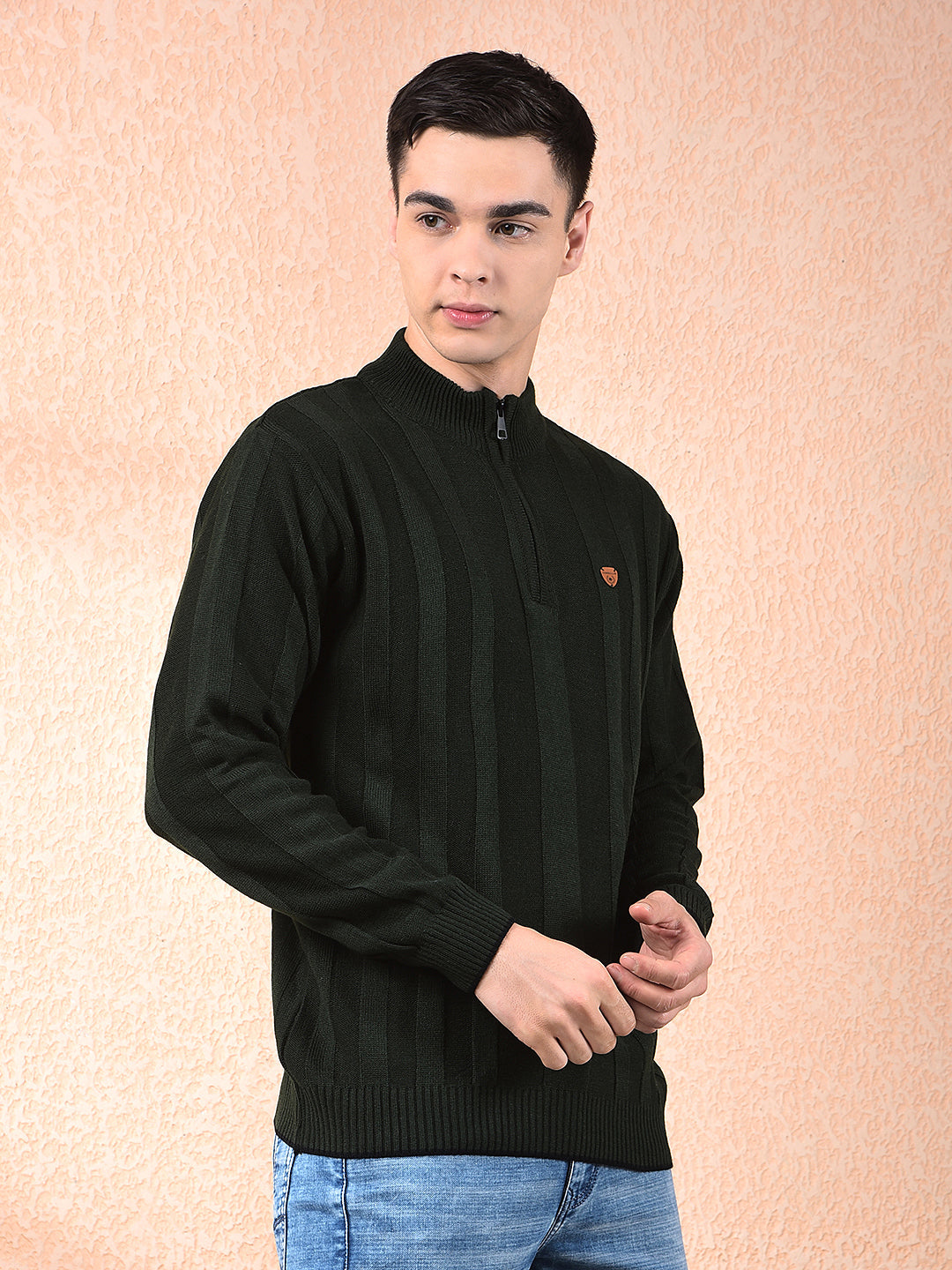 COBB OLIVE SELF-DESIGN ZIPPER SWEATER