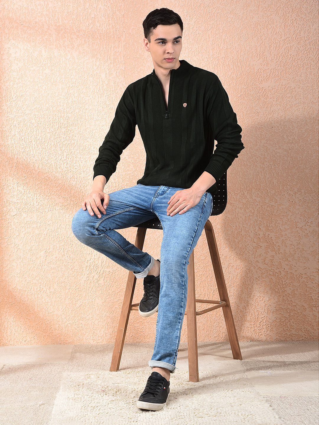 COBB OLIVE SELF-DESIGN ZIPPER SWEATER