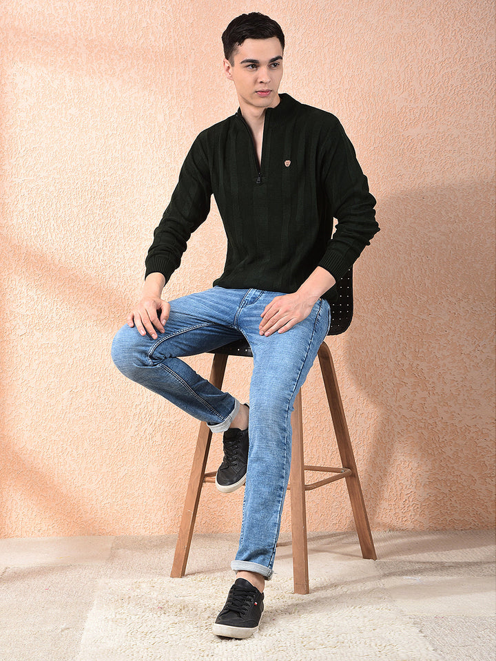 COBB OLIVE SELF-DESIGN ZIPPER SWEATER