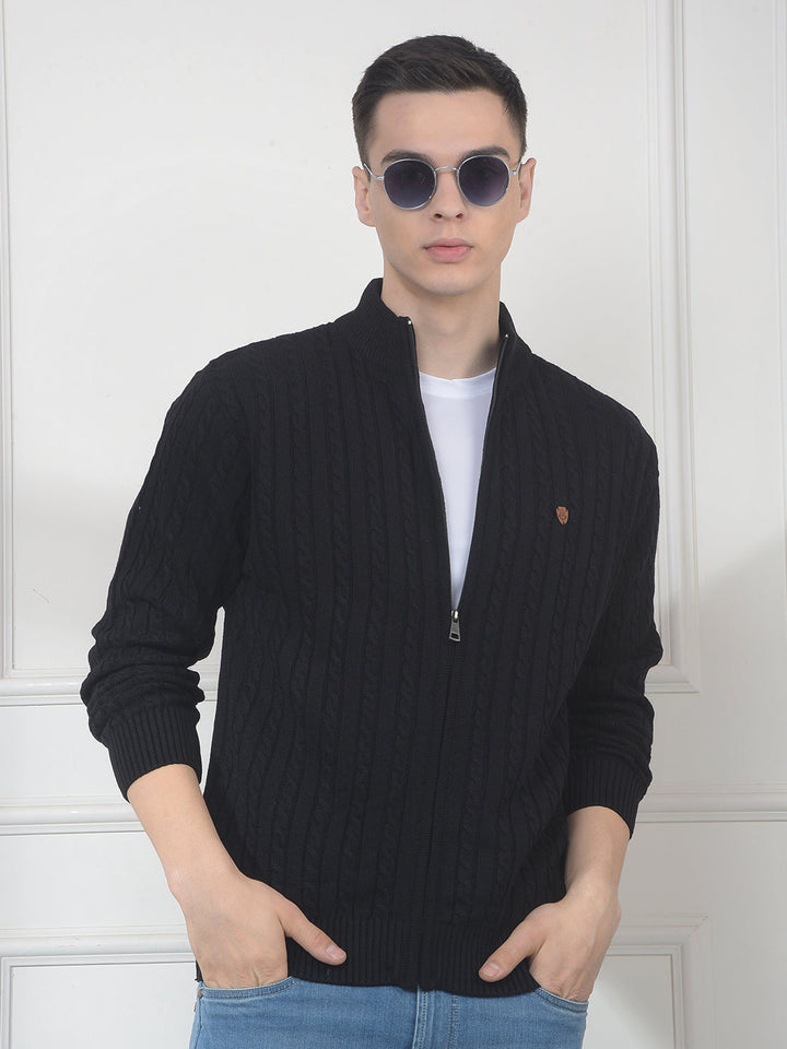 cobb black self-design zip-up sweater