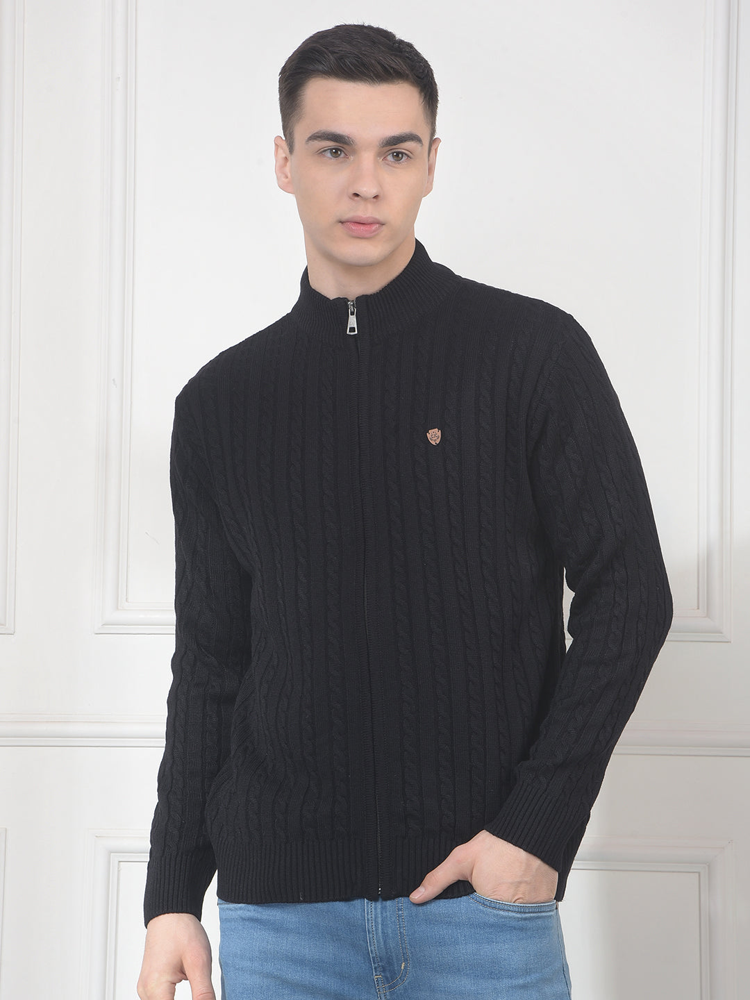 cobb black self-design zip-up sweater
