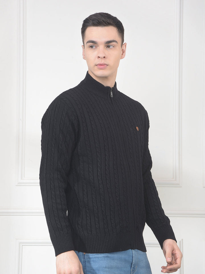 cobb black self-design zip-up sweater