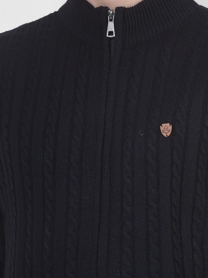 COBB BLACK SELF-DESIGN ZIP-UP SWEATER