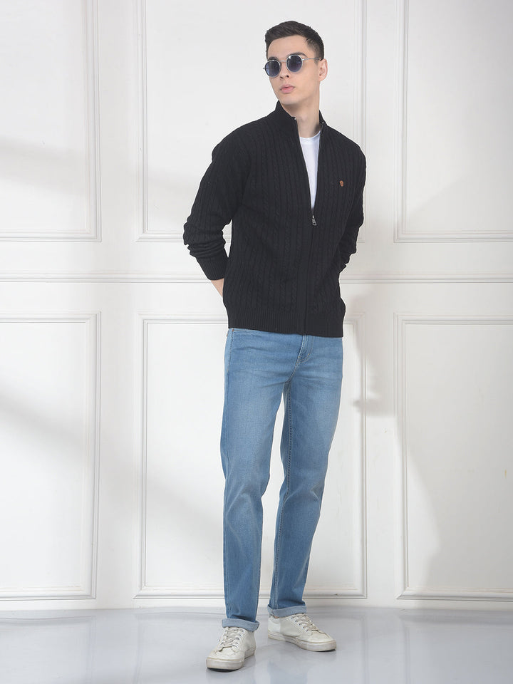 COBB BLACK SELF-DESIGN ZIP-UP SWEATER