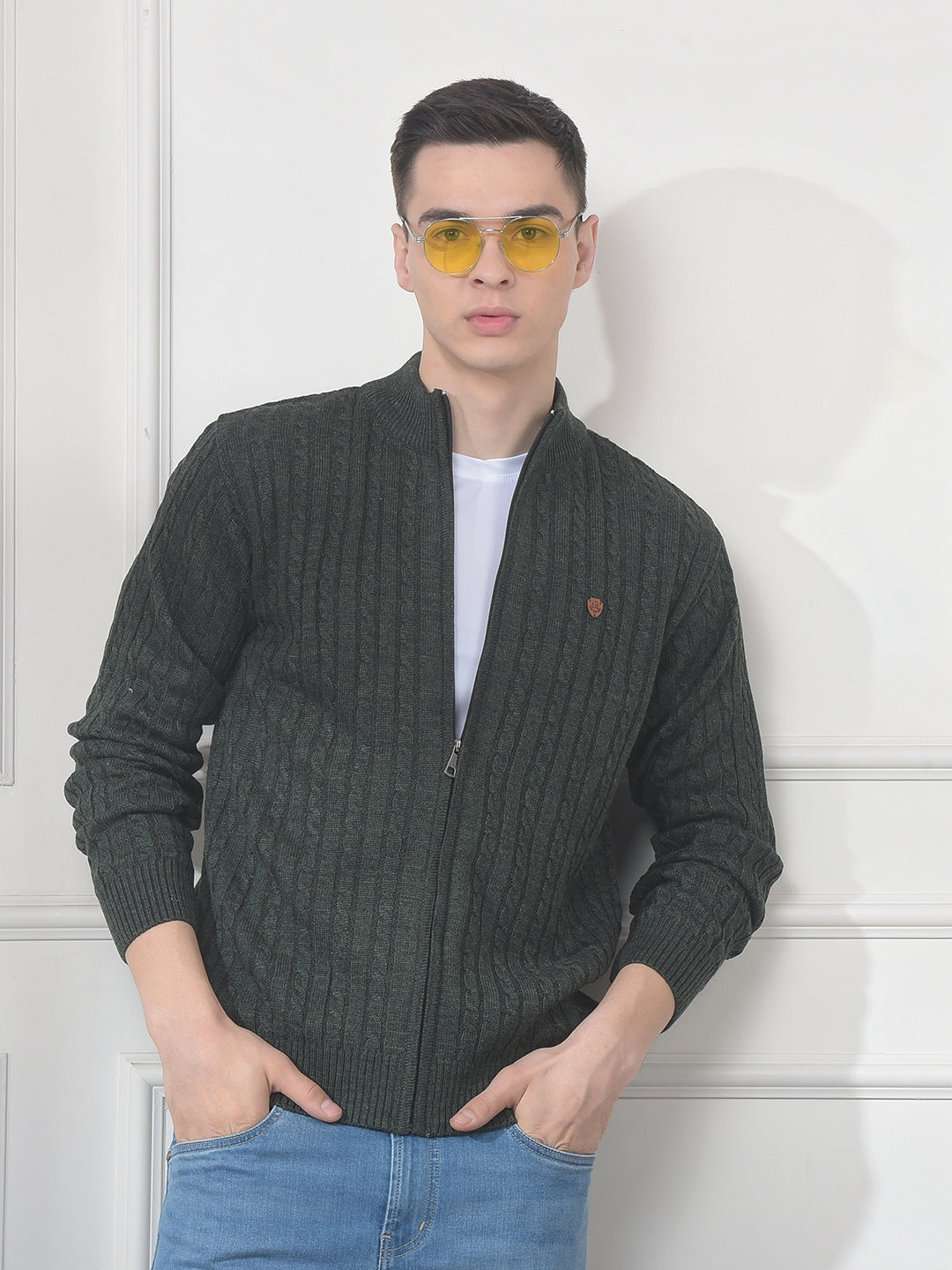 cobb dark olive self-design zip-up sweater