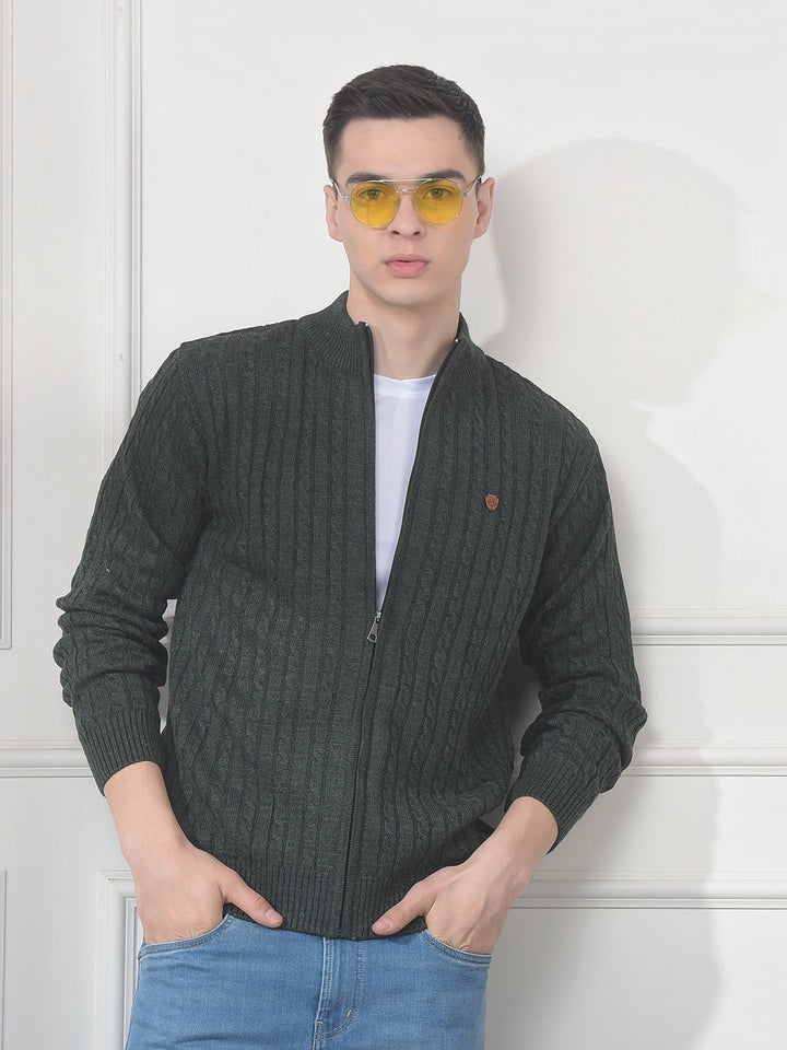 cobb dark olive self-design zip-up sweater