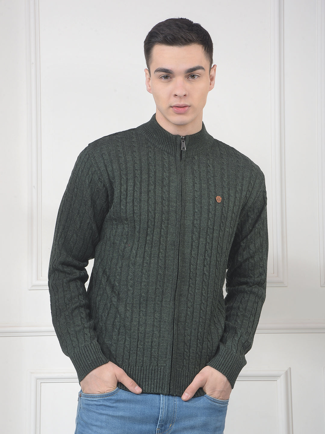 cobb dark olive self-design zip-up sweater
