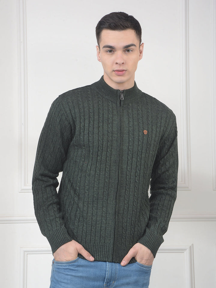 cobb dark olive self-design zip-up sweater