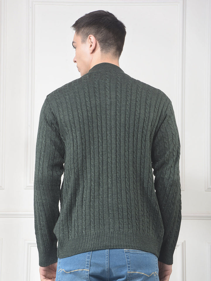 cobb dark olive self-design zip-up sweater
