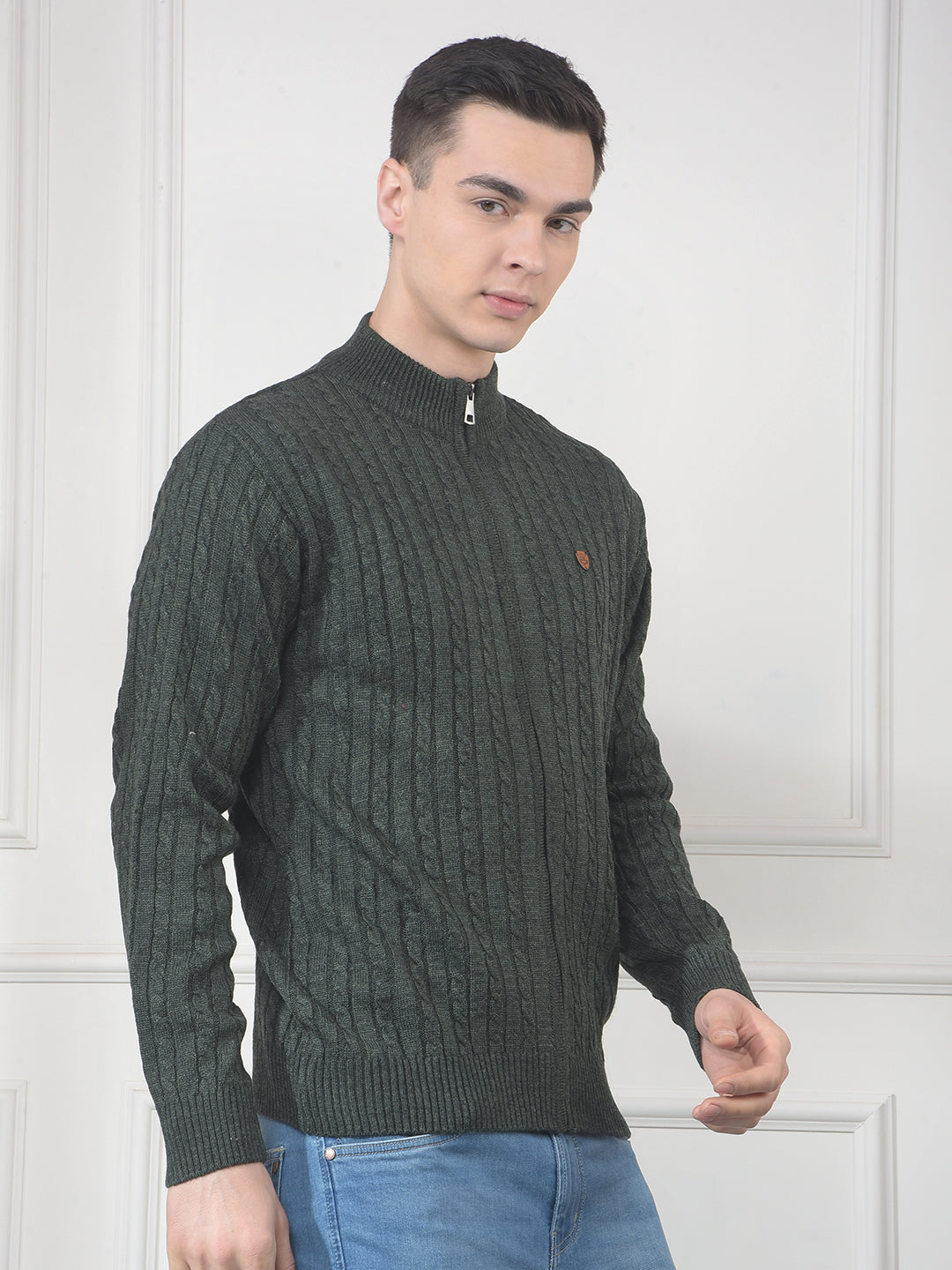 cobb dark olive self-design zip-up sweater