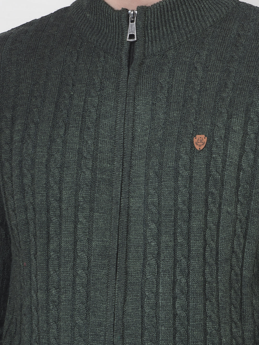 COBB DARK OLIVE SELF-DESIGN ZIP-UP SWEATER