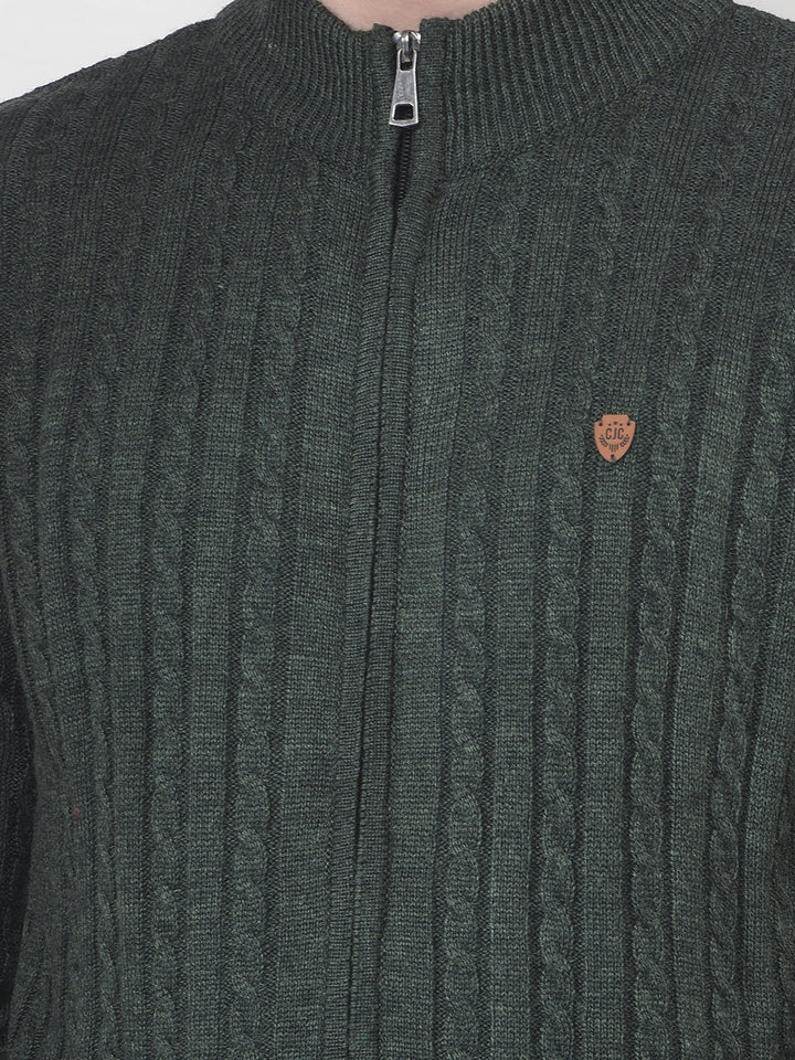 COBB DARK OLIVE SELF-DESIGN ZIP-UP SWEATER