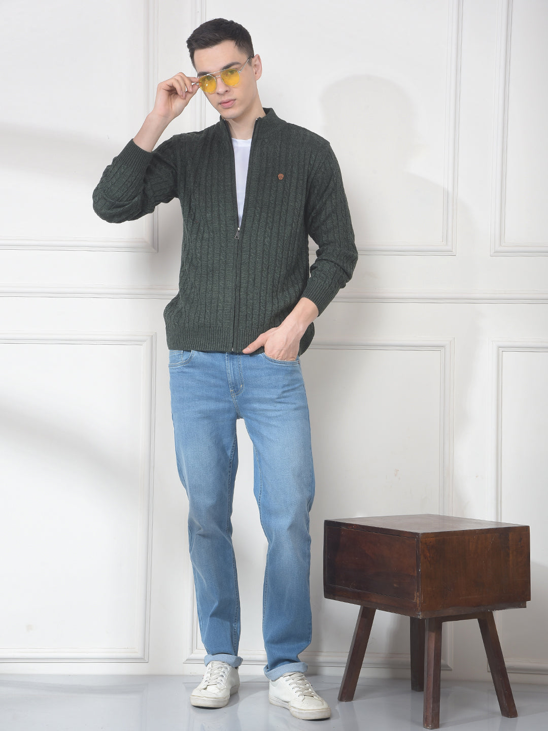 COBB DARK OLIVE SELF-DESIGN ZIP-UP SWEATER