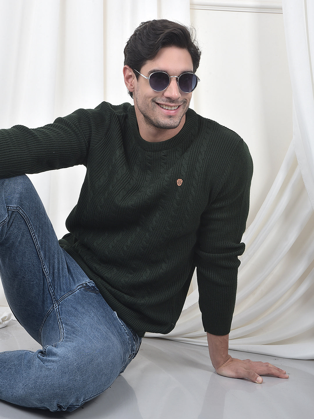 cobb olive self-design round neck sweater