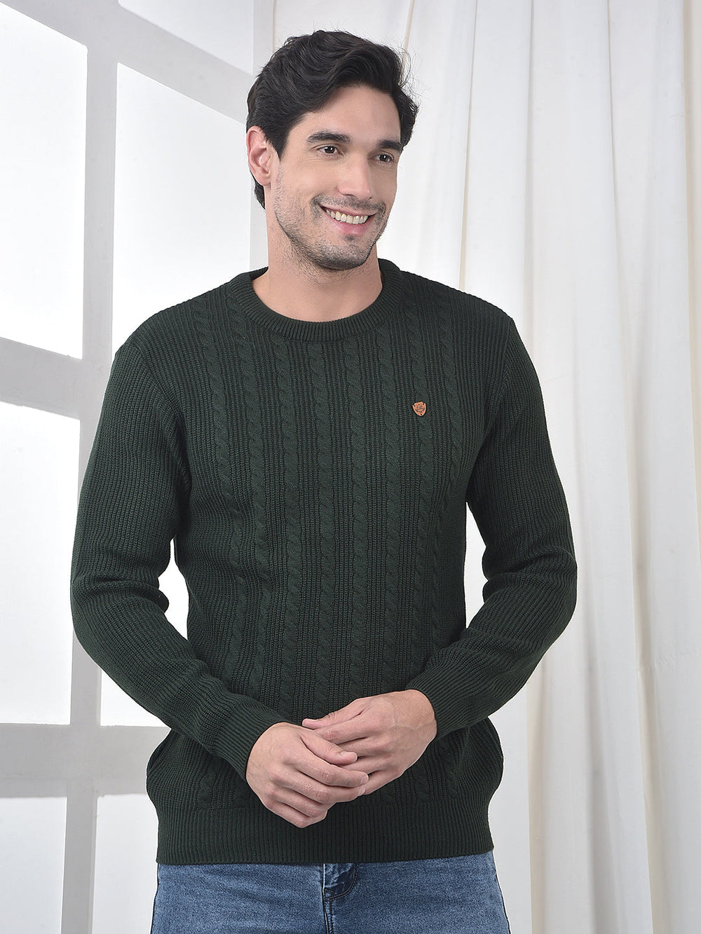 cobb olive self-design round neck sweater