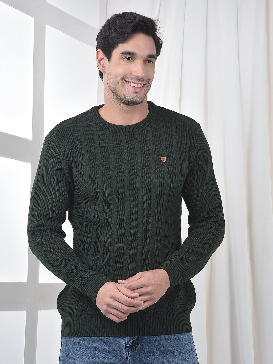 cobb olive self-design round neck sweater