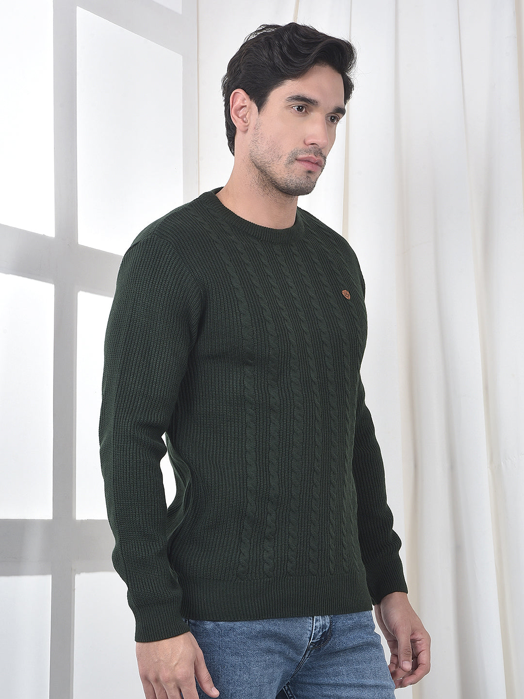 cobb olive self-design round neck sweater