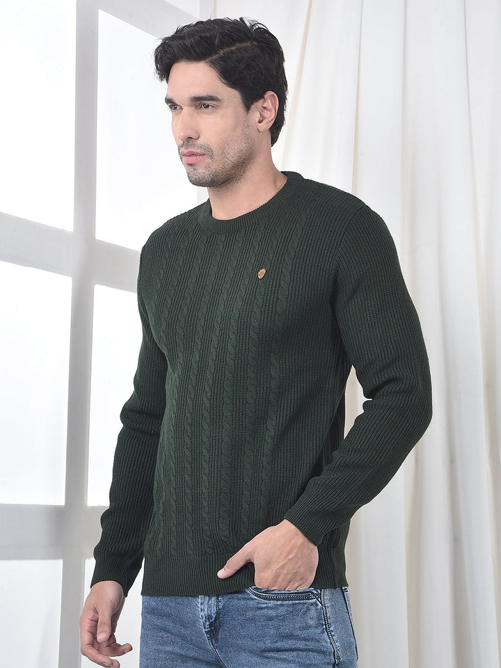 COBB OLIVE SELF-DESIGN ROUND NECK SWEATER