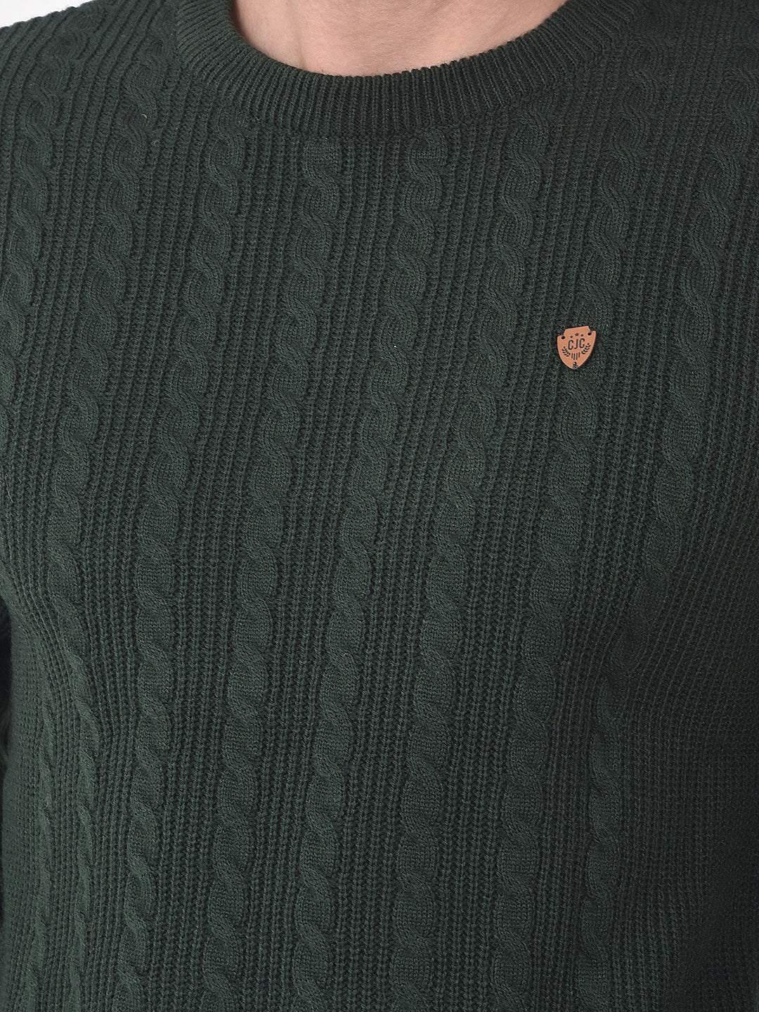 COBB OLIVE SELF-DESIGN ROUND NECK SWEATER