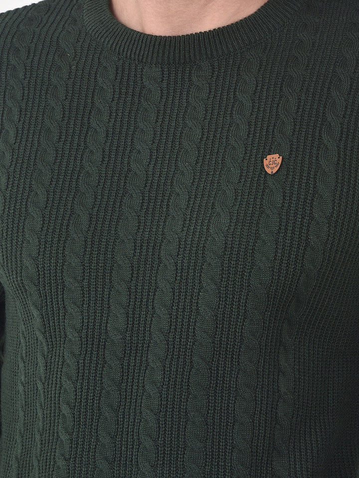 COBB OLIVE SELF-DESIGN ROUND NECK SWEATER