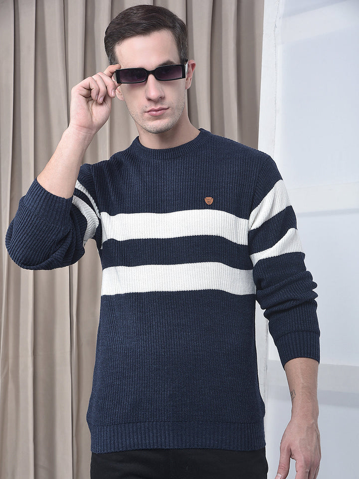 cobb navy blue striped round neck sweater