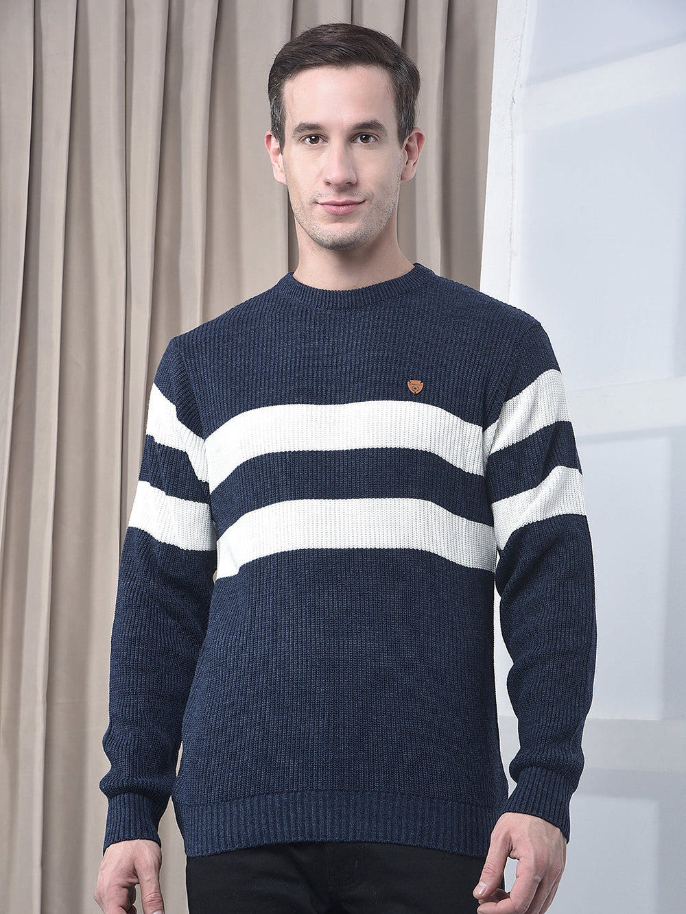 cobb navy blue striped round neck sweater