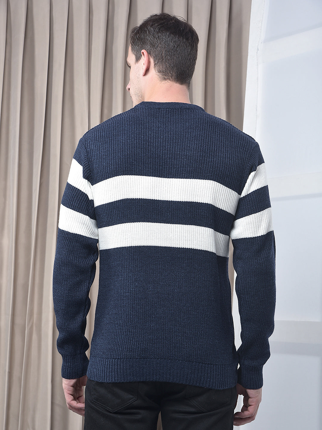 cobb navy blue striped round neck sweater