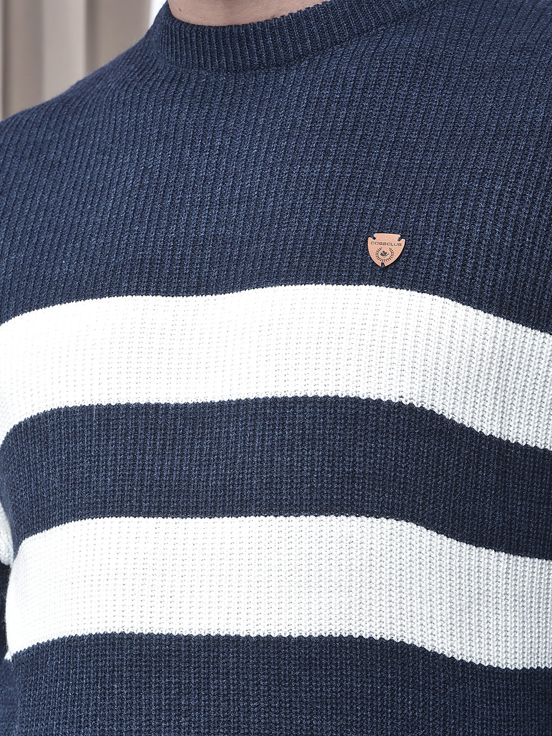 COBB NAVY BLUE STRIPED ROUND NECK SWEATER