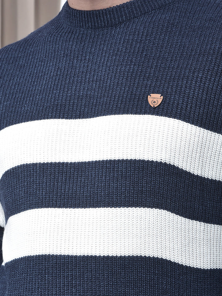 COBB NAVY BLUE STRIPED ROUND NECK SWEATER