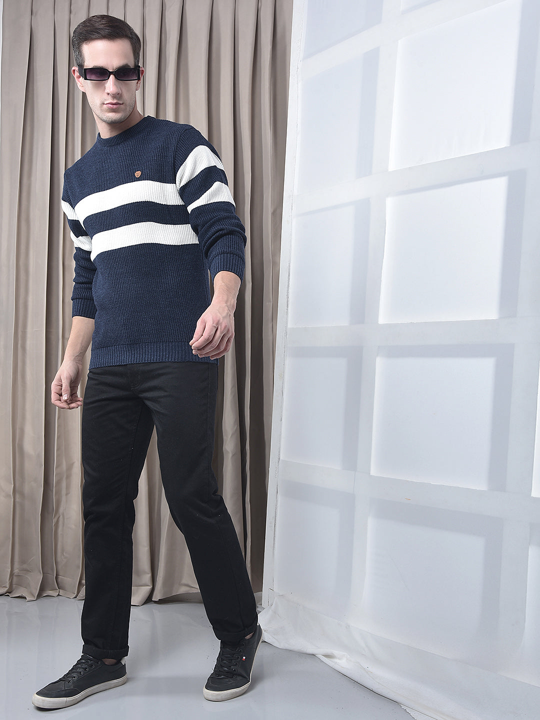 COBB NAVY BLUE STRIPED ROUND NECK SWEATER