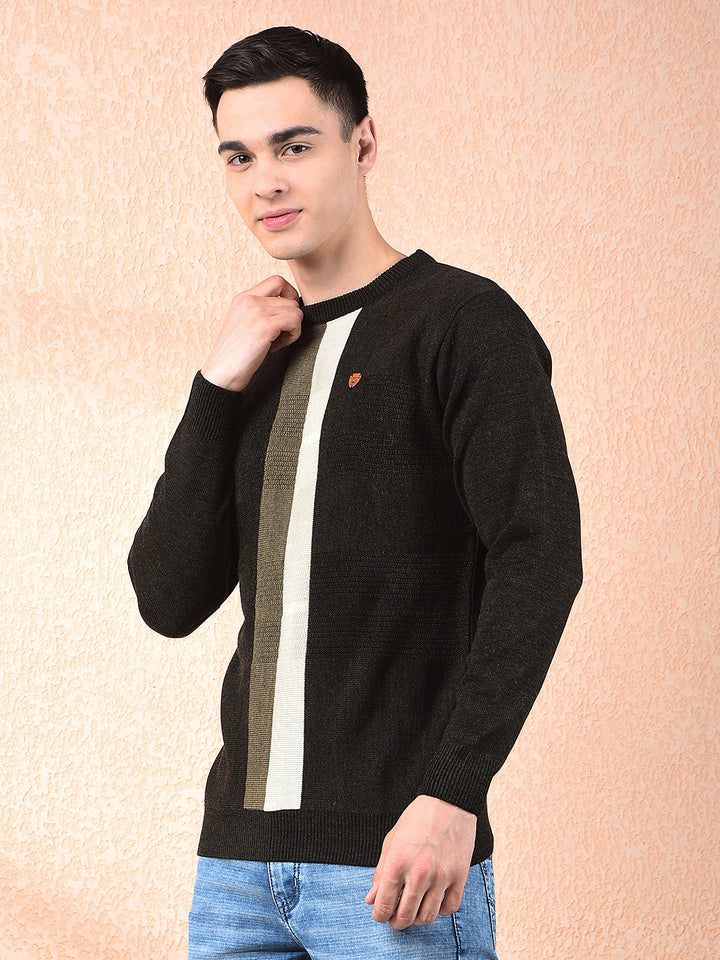 COBB OLIVE STRIPED ROUND NECK SWEATER