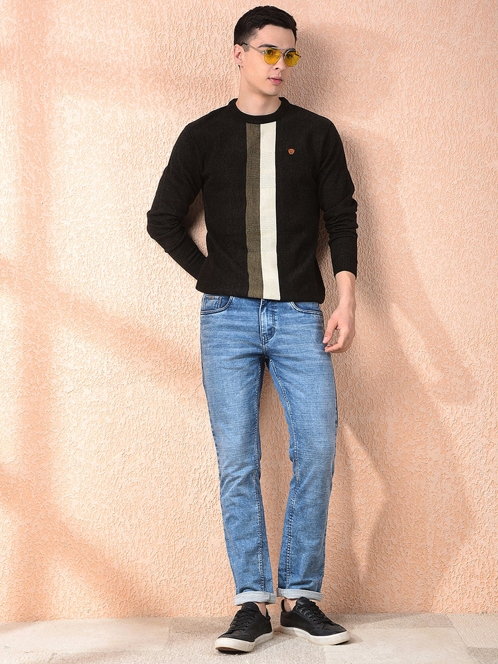 COBB OLIVE STRIPED ROUND NECK SWEATER