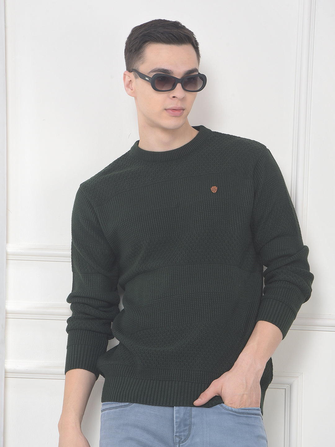 cobb dark olive self-design round neck sweater