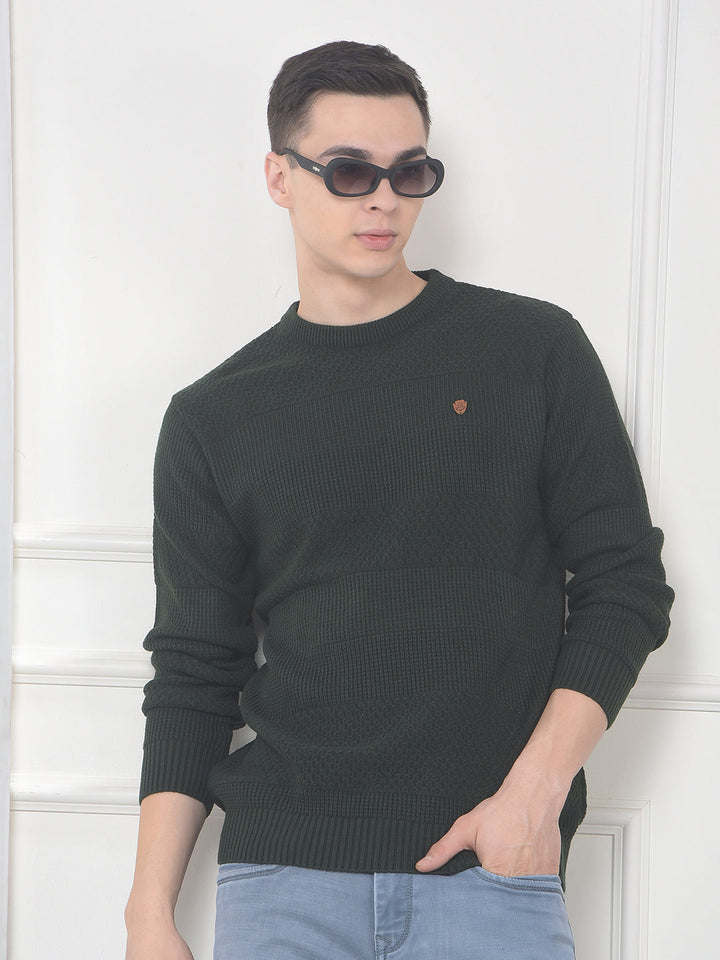 cobb dark olive self-design round neck sweater