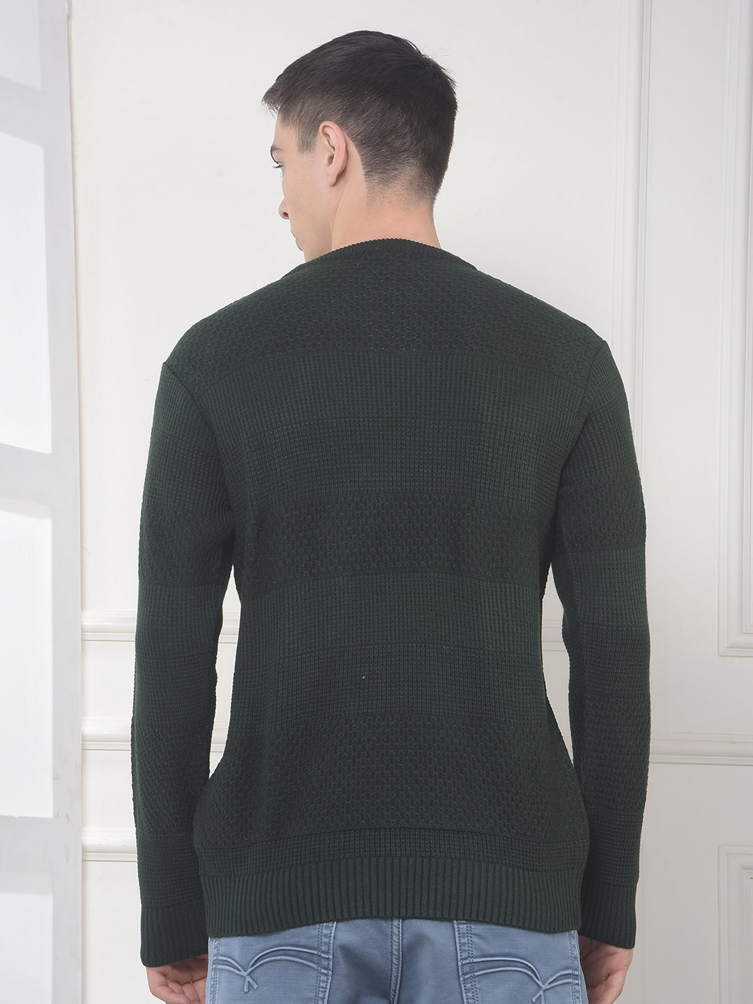 cobb dark olive self-design round neck sweater