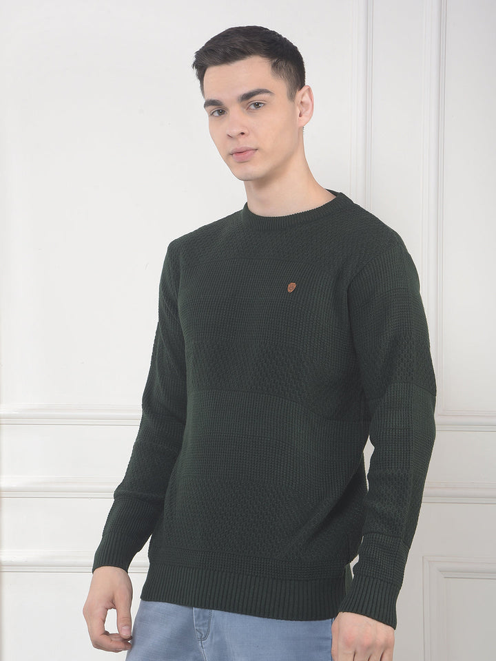 cobb dark olive self-design round neck sweater