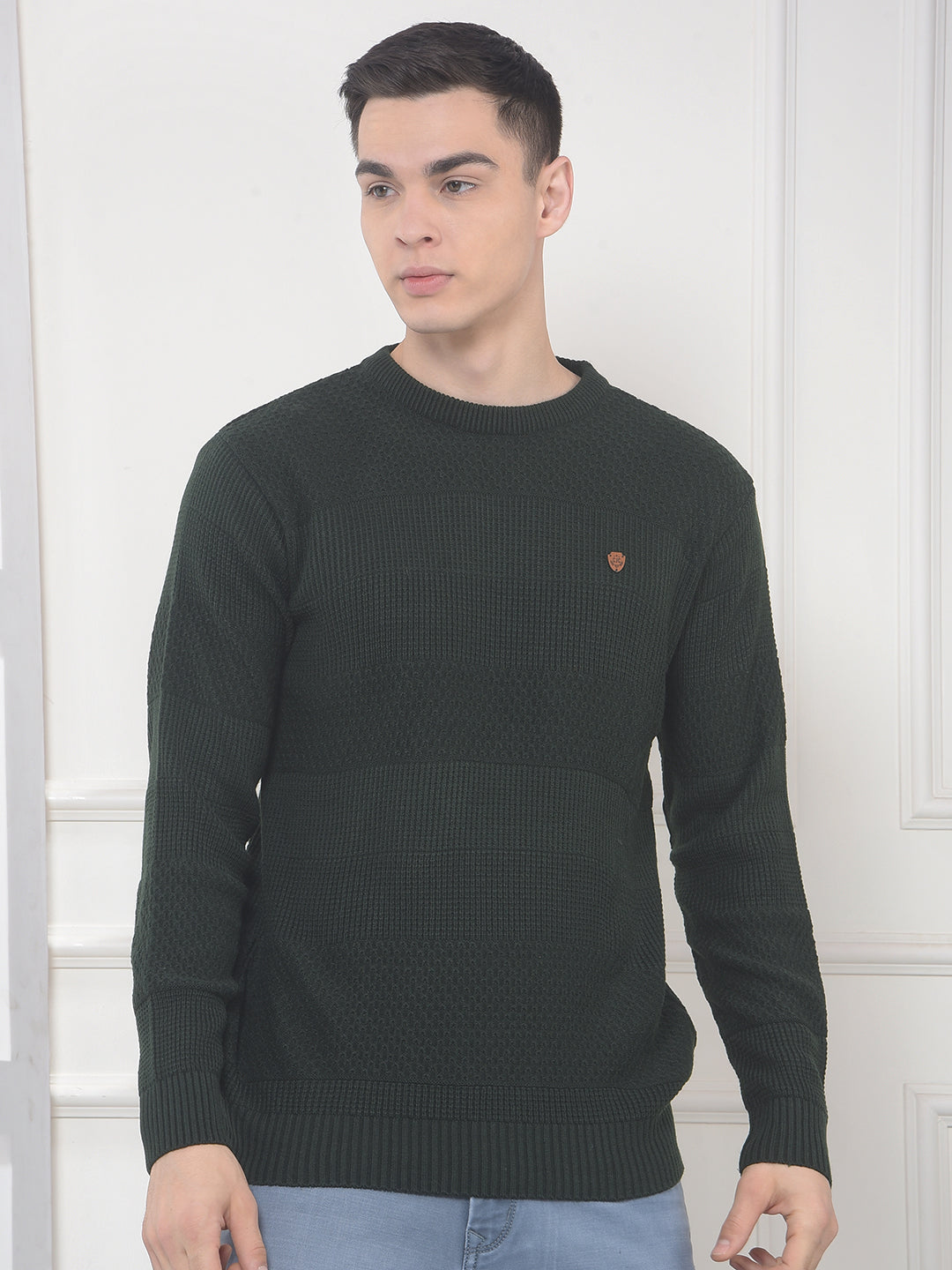 cobb dark olive self-design round neck sweater