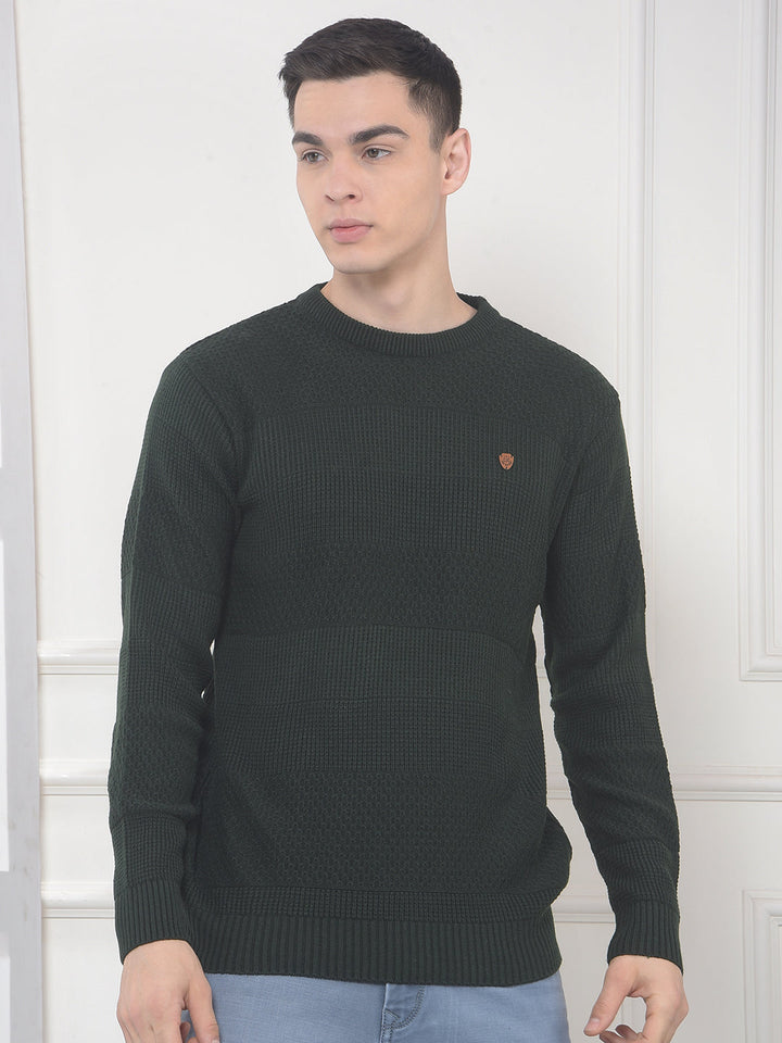 cobb dark olive self-design round neck sweater