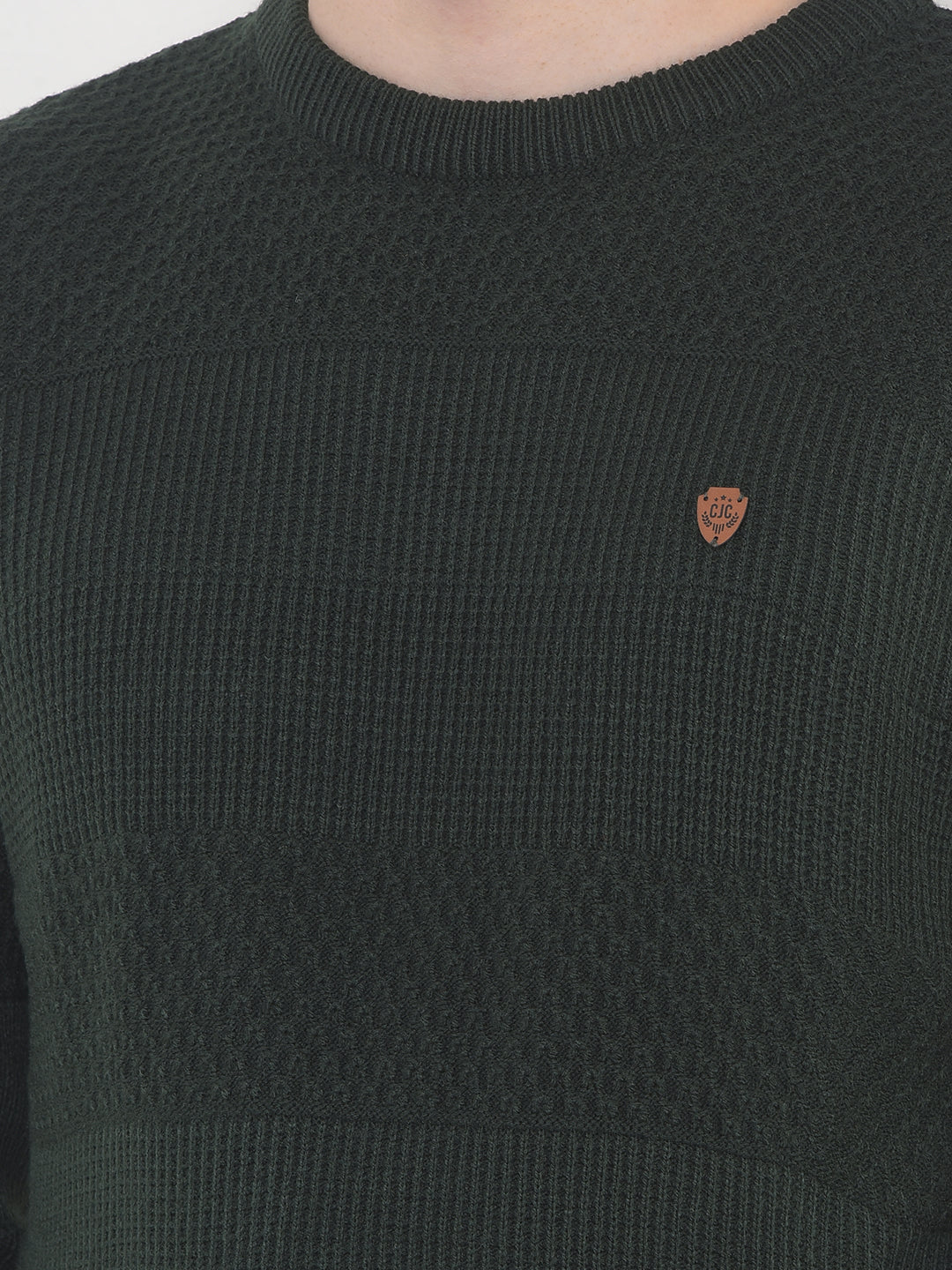 COBB DARK OLIVE SELF-DESIGN ROUND NECK SWEATER