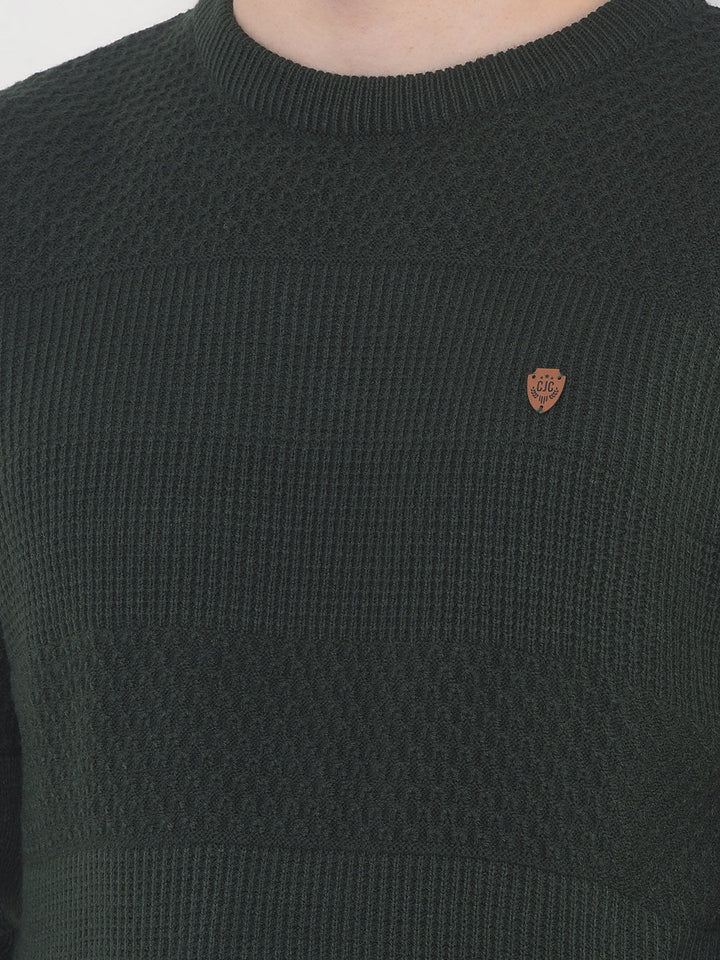 COBB DARK OLIVE SELF-DESIGN ROUND NECK SWEATER