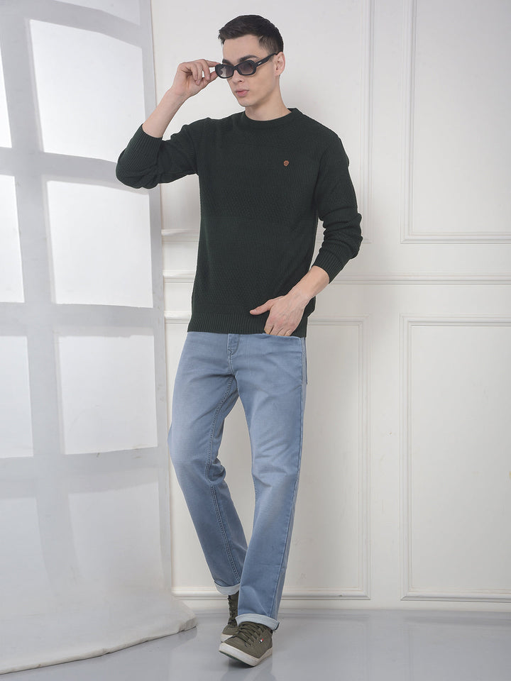 COBB DARK OLIVE SELF-DESIGN ROUND NECK SWEATER