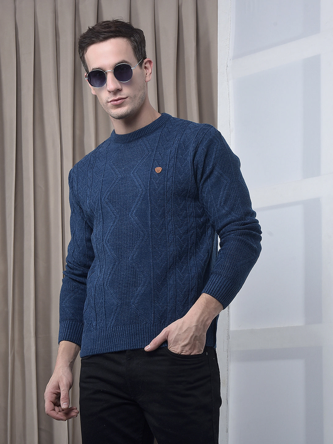 cobb indigo self-design round neck sweater