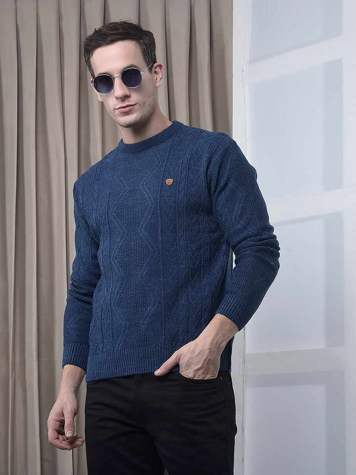 cobb indigo self-design round neck sweater