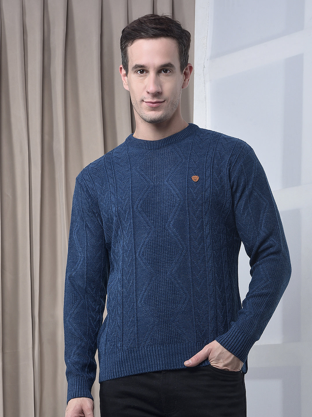cobb indigo self-design round neck sweater