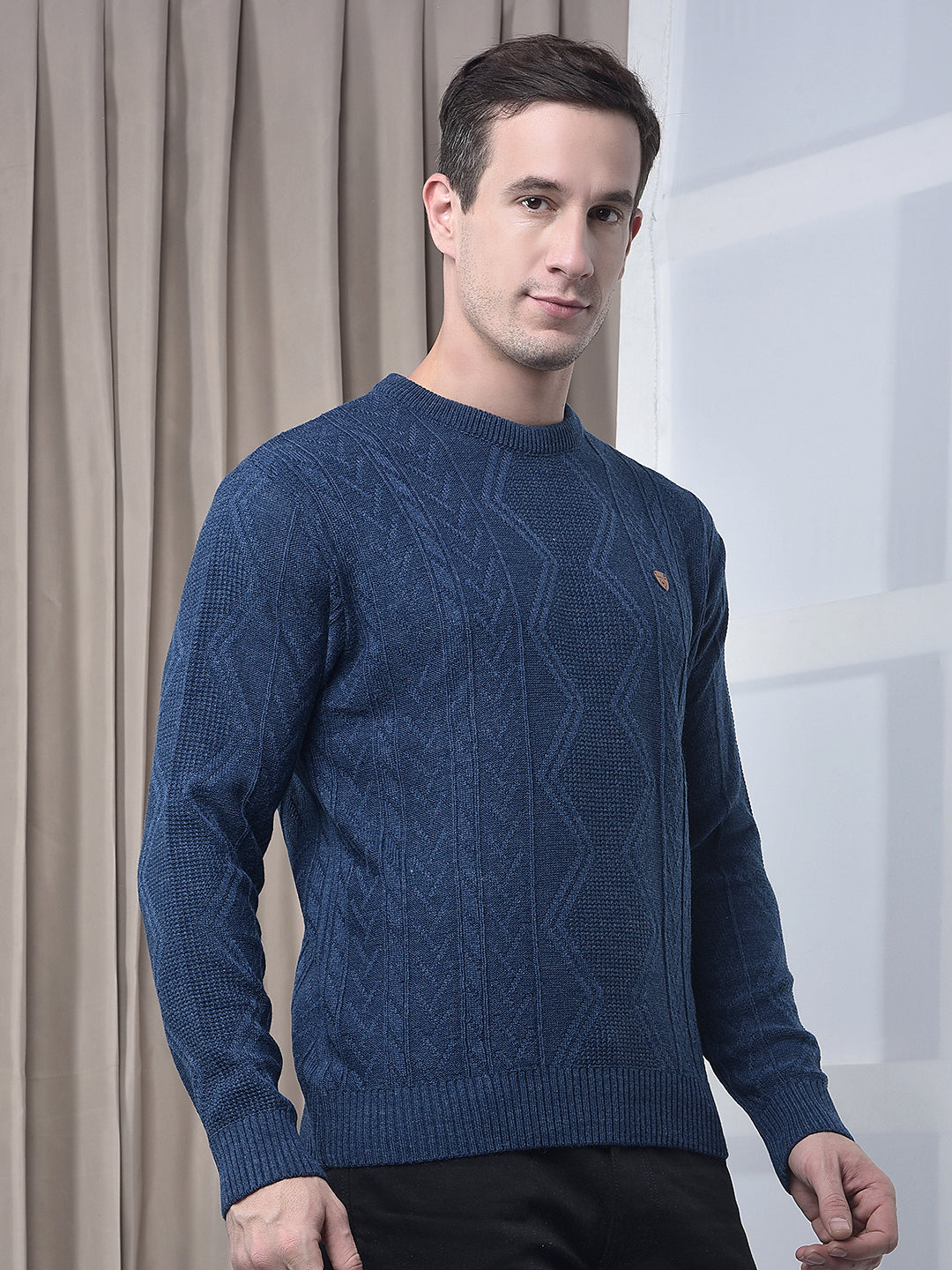 cobb indigo self-design round neck sweater