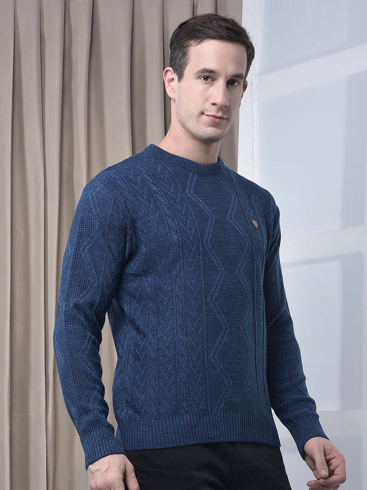 cobb indigo self-design round neck sweater