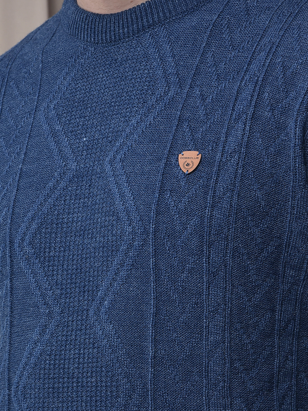 COBB INDIGO SELF-DESIGN ROUND NECK SWEATER