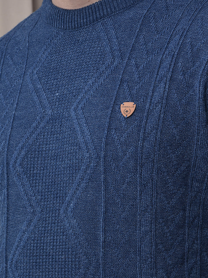 COBB INDIGO SELF-DESIGN ROUND NECK SWEATER